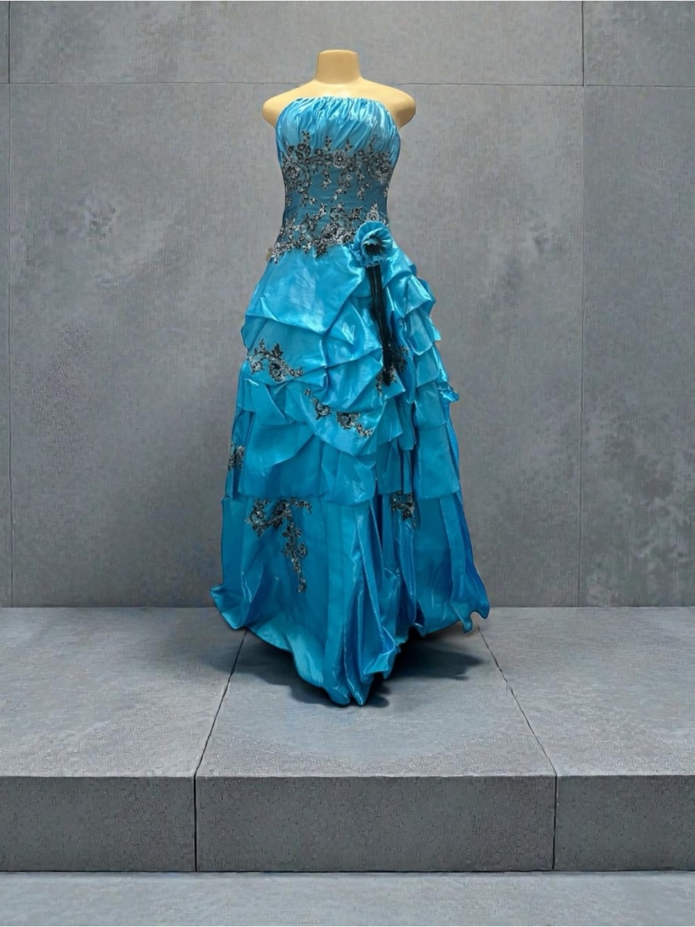 NWT Strapless Aqua Blue Ruffled Prom Dress with Black Embroidery